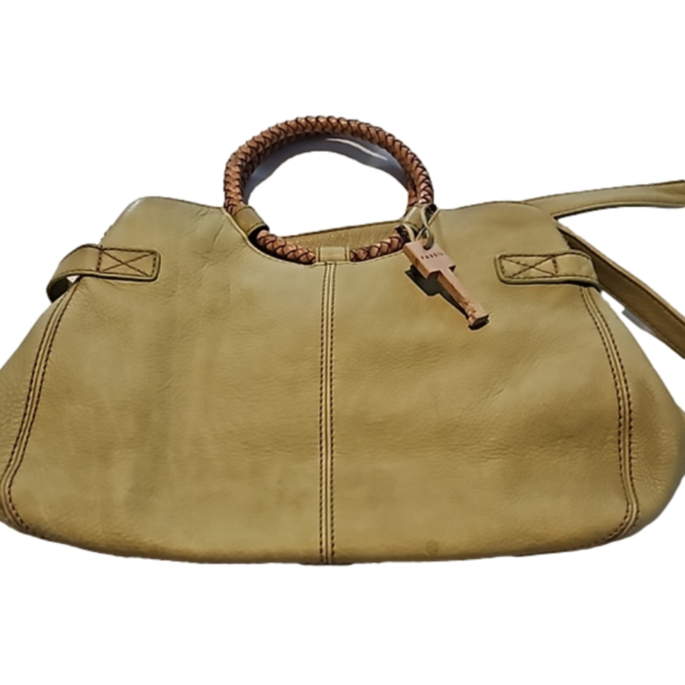 Vintage Fossil #75082 Braided Handles Crossbody Purse green leather